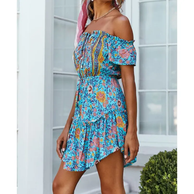 Женское платье с принтом Boho повседневное короткое пляжное на шнуровке открытыми