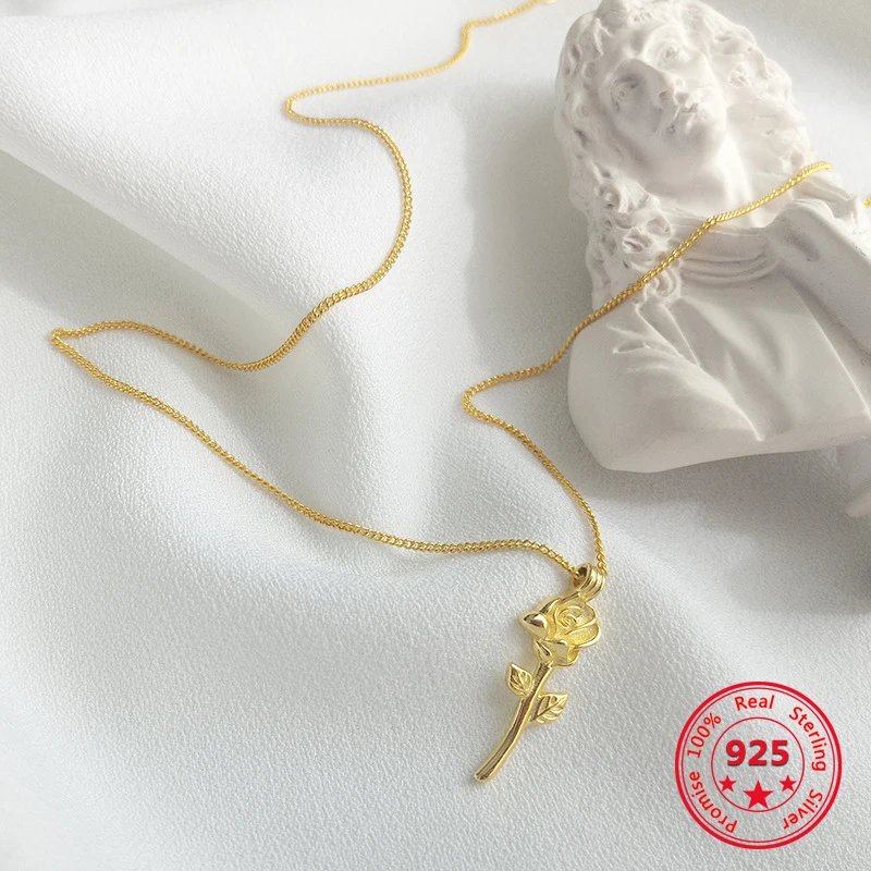 

Pure 925 Silver European American New Design Creative Concise Gold Rose Flower Pendant Necklace Fine Jewelry