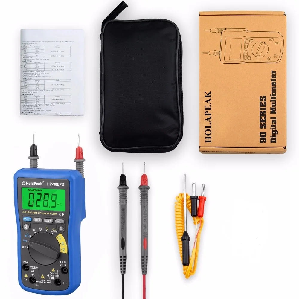 

HoldPeak HP-90EPD Mobile APP 4000 Counts True RMS Multimeter Auto Range AC DC Voltage Current Resistance Capacitance Frequency