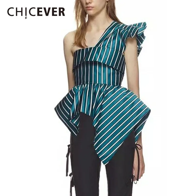 Женская полосатая блузка CHICEVER с асимметричным подолом открытыми плечами и