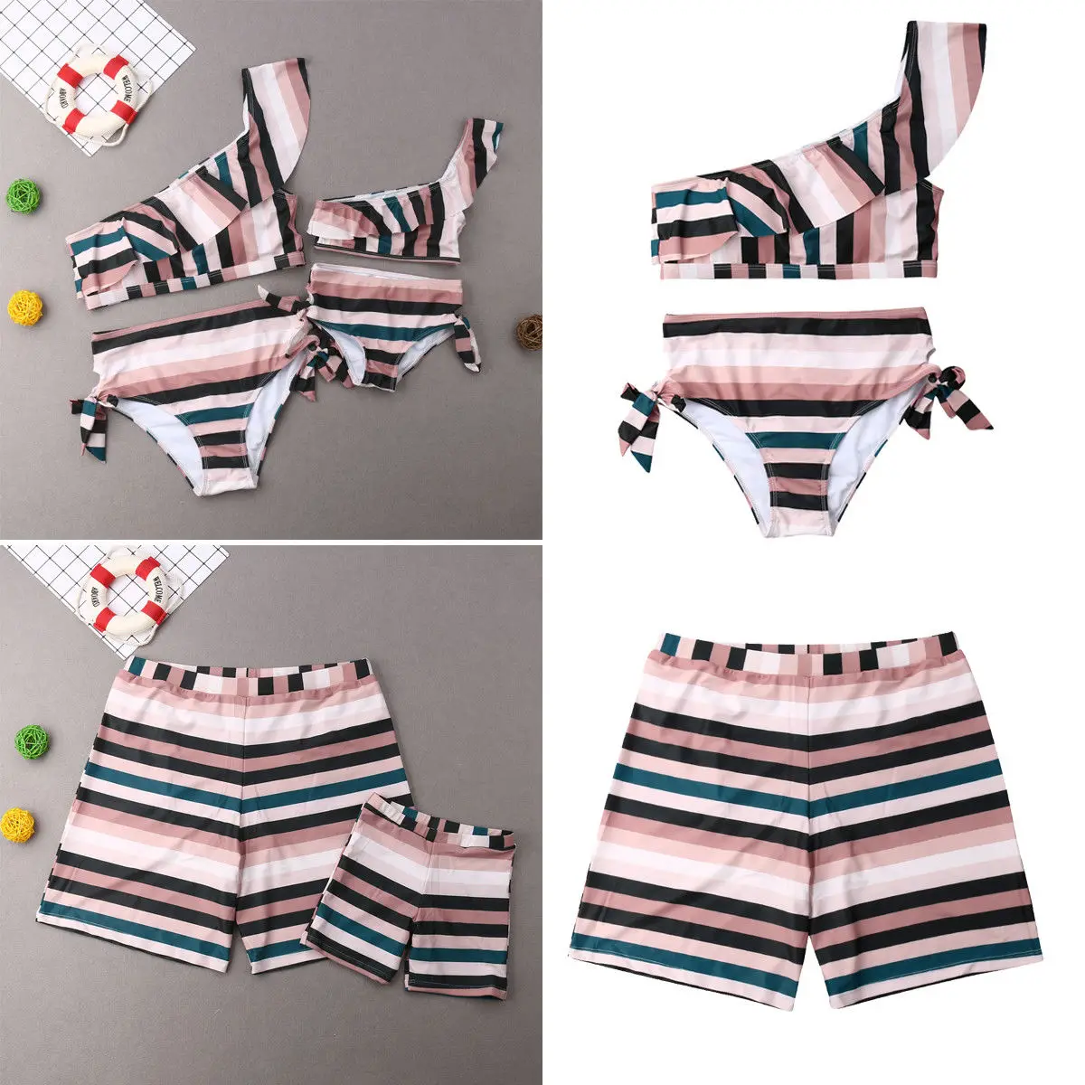 Family Matching Swimwear Mother Father Daughter Boys Off Shoulder Ruffles Stripe Bikini Sets Swimsuit | Мать и ребенок