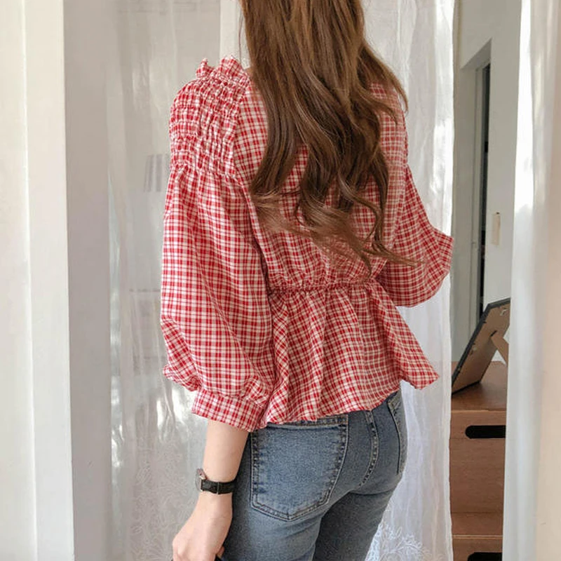 Женские рубашки в клетку с v-образным вырезом Little приталенная Блузка Shirt 2322 |