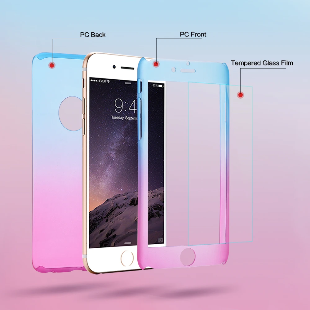 KISSCASE Colorful Gradient Case For iPhone 6 6s 7 Plus 360 Cover Front Hard Fundas Tempered Glass Capa |