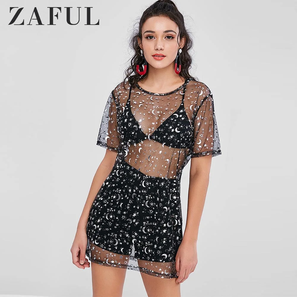 ZAFUL Sheer Starry Длинная футболка с длинным рукавом сексуальным принтом Star Moon