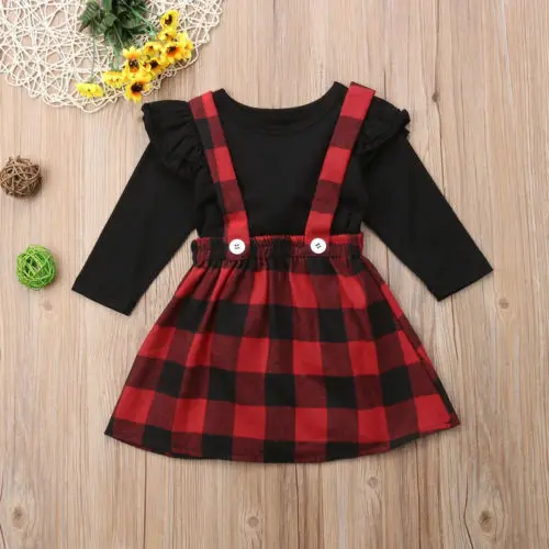Christmas Newborn Infant Kid Baby Girls Clothes Outfits Fall Winter Plaid Cotton T-shirt+OVerall strap Girl Dress Set | Детская одежда