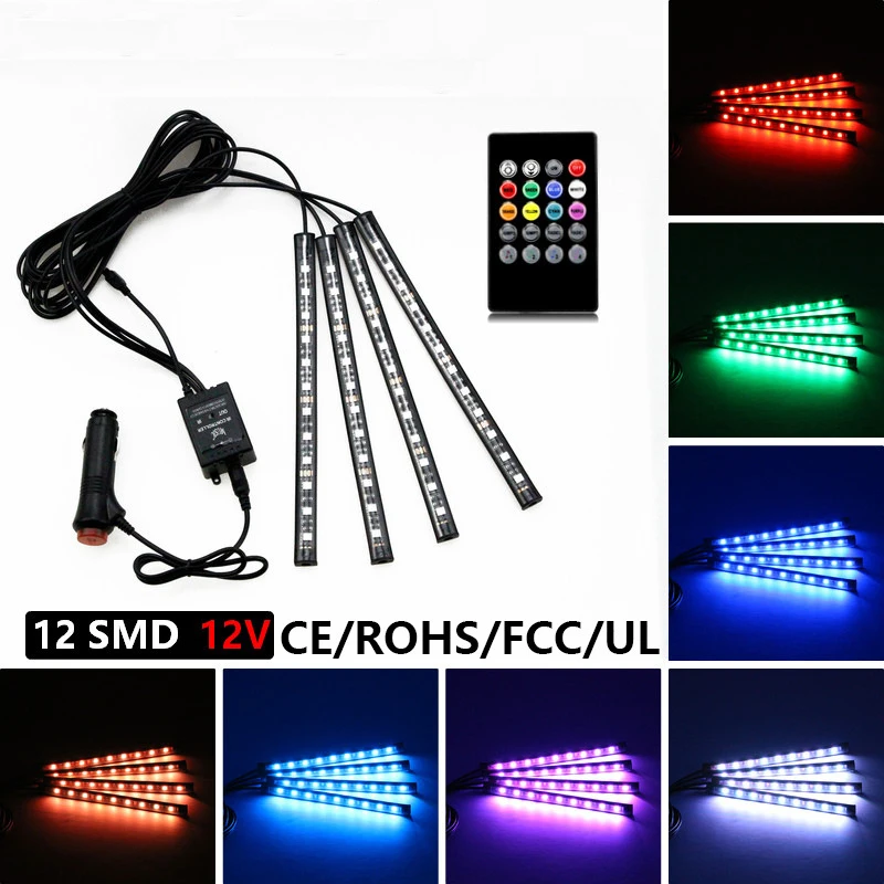 

Universal 12v 10w Car Interior Decorative Atmosphere Strip Auto RGB Pathway Floor Light Remote Control 12V Car RGB LED Strip