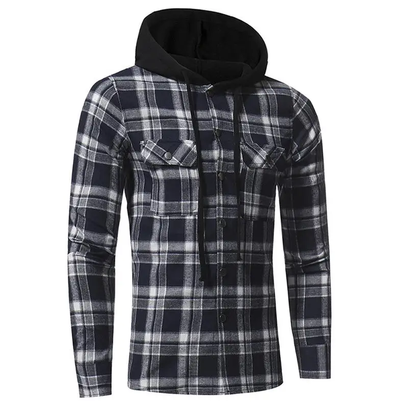 High Quality Leisure Men's Flannel Plaid Hooded Shirt Long-sleeved Double Pockets Casual Checked Pattern Red Green Navy Blue | Мужская