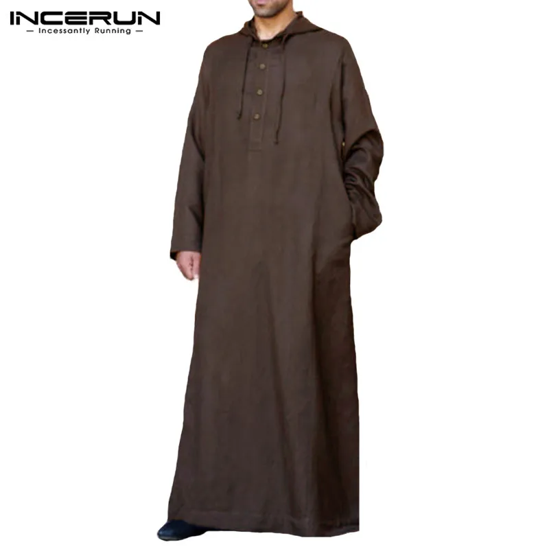 

INCERUN 2021 Men Islamic Arab Muslim Kaftan Thobe Long Sleeve Hooded Robes Saudi Arabia Dubai Jubba Thobe Men Muslim Clothes 5XL