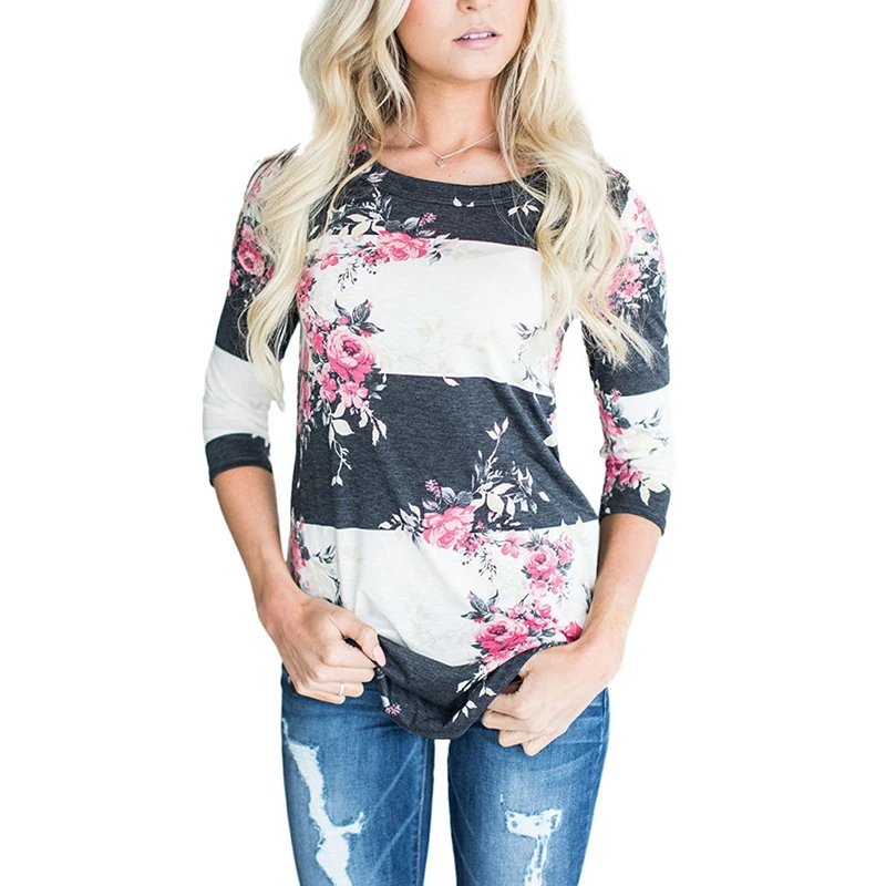 Boho Для женщин блузка с рукавом 3/4 Цветочный принт рубашка Comfy Повседневное топы