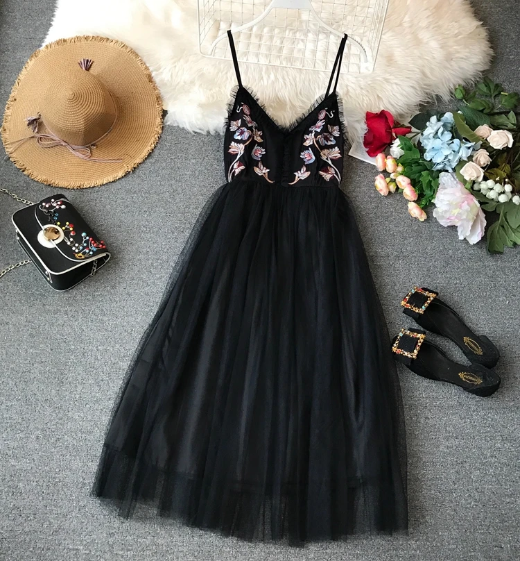 Женское Сетчатое платье с цветочной вышивкой и v образным вырезом сексуальное