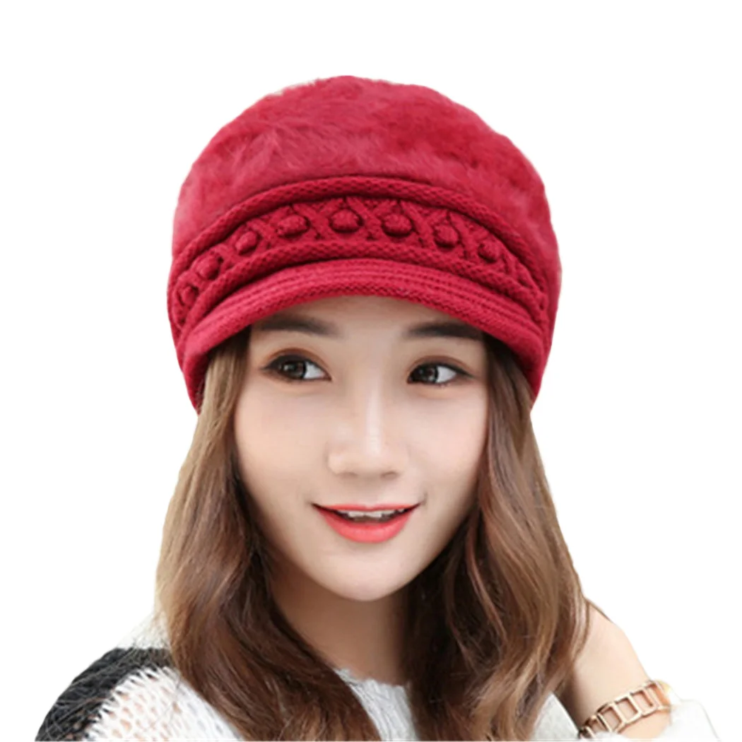 Korean Style Rabbit Fur Hats For Women Knitted Warm Winter Cap With Visor Peaked Caps Ladies Beanie | Аксессуары для одежды