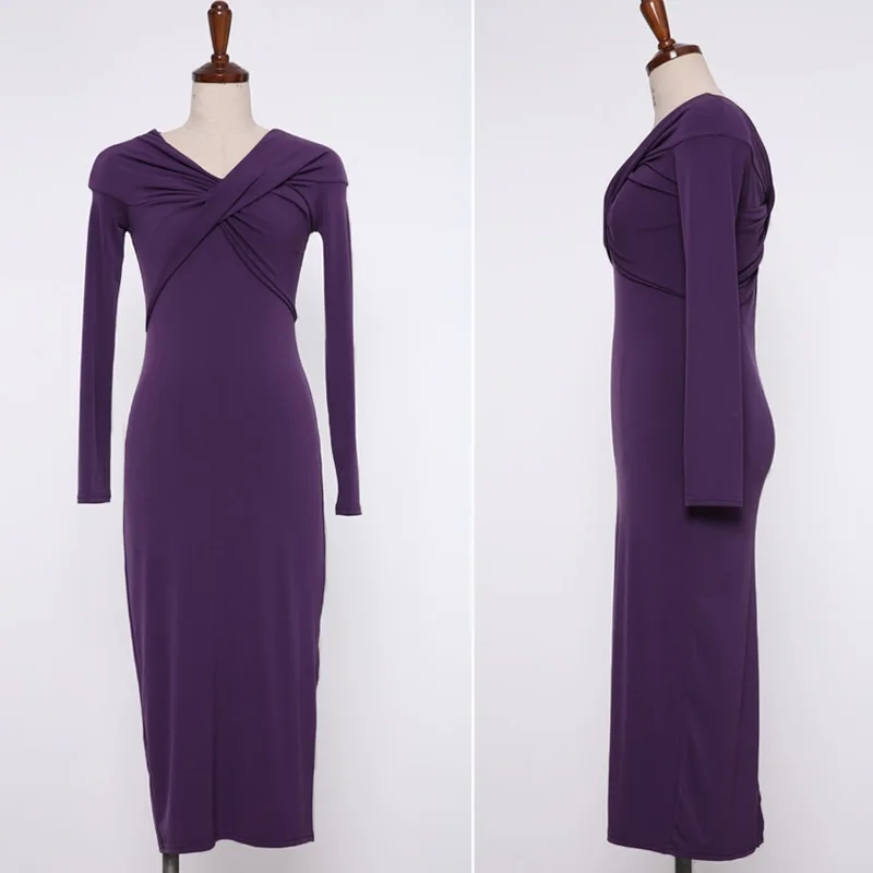 

2020 Autumn Slash Neck Slim Pencil Women Cloth Full Sleeve Sheath Bodycon Purple Knee-Length Sexy Party Dress