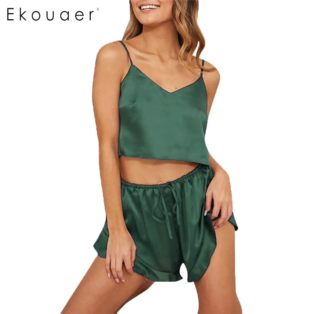 Ekouaer летние шорты пижамы наборы женские атласные Cami Топ Спагетти ремень