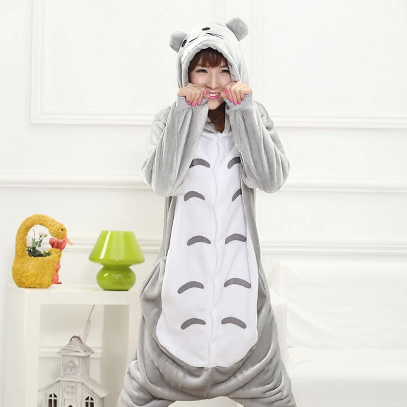 Winter Flannel Family Mother Father Kids Female Totoro Animal pajamas Girl Boy pajamas Woman Hooded Home Clothing Kigurimi