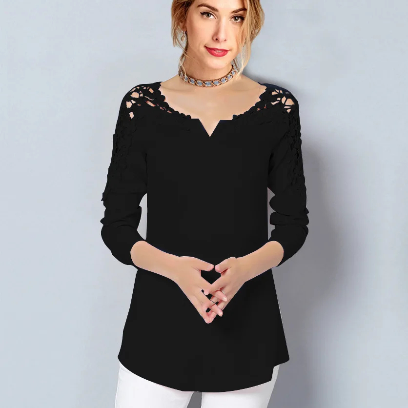 DAYIFUN Womens Tops and Blouses 2020 Patchwork Lace Chiffon Blouse Women Hollow Out Long Sleeve Shirt Ladies 7254 | Женская одежда