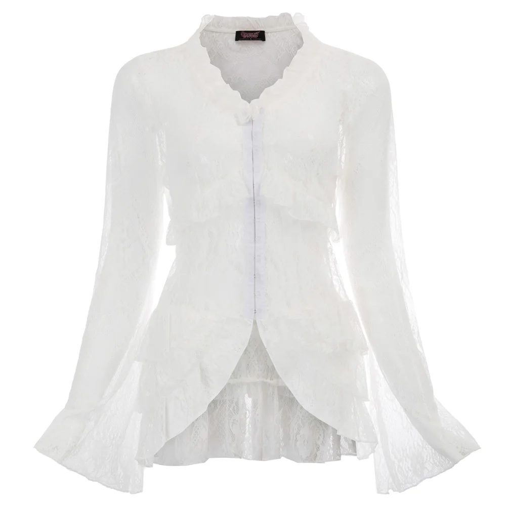 Стимпанк для женщин леди кружево See Through с длинным рукавом нерегулярные Hem блузка