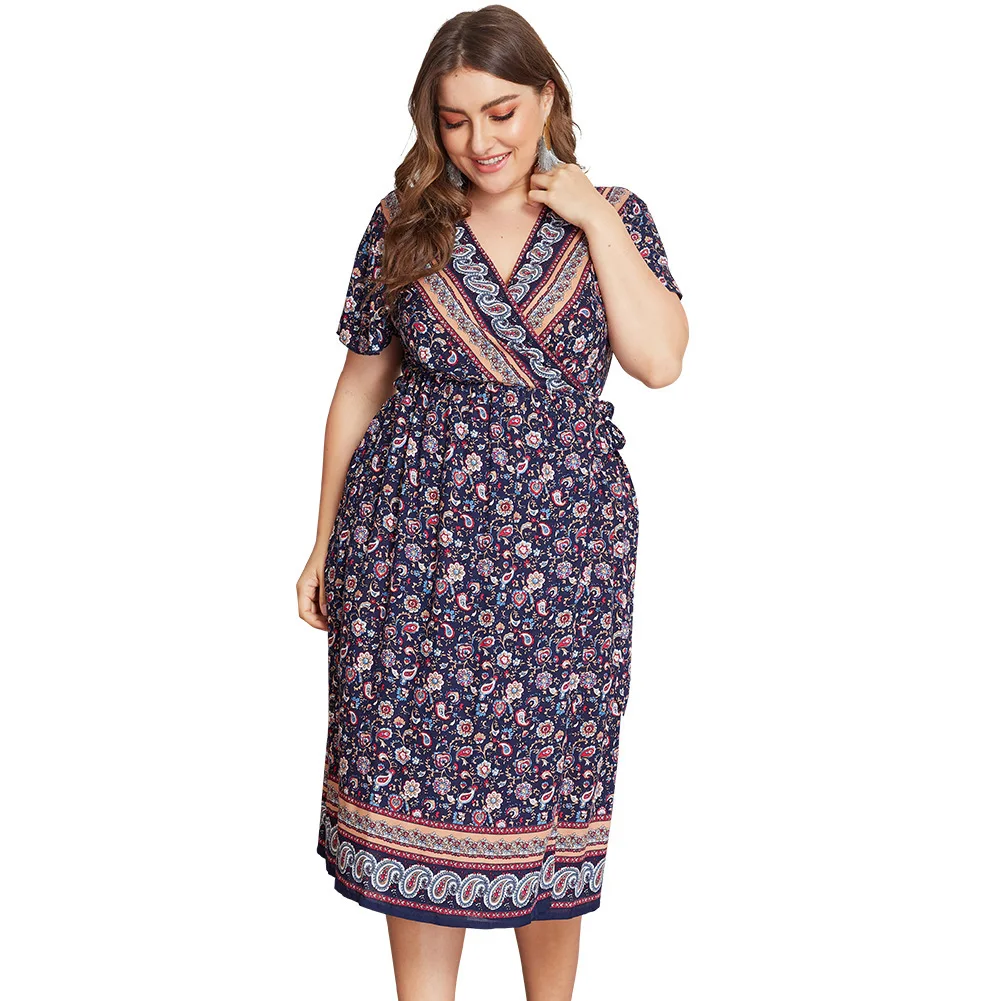 MagicPark XL-4XL Women Dresses Blue V Neck 2019 Short Sleeve Plus Size Original Design Print Floral Womens Clothing | Женская одежда