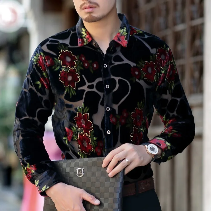 Фирменная Новинка пикантные Прозрачные рубашки для мужчин Slim Fit цветочный принт