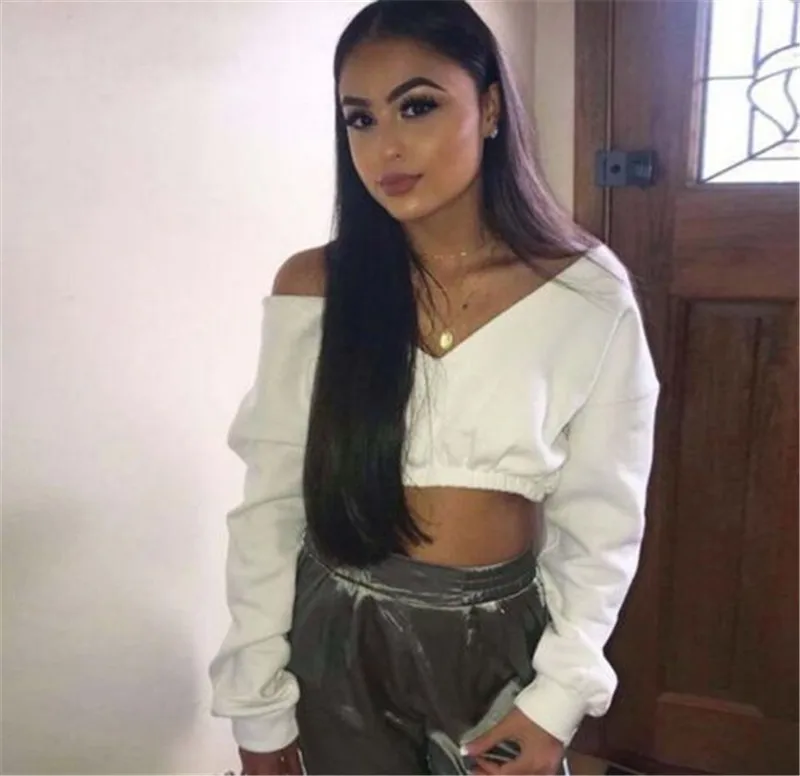 

New Fashion Sexy Women Autumn Crop Hoodies Long Sleeve Casual Female Cotton Sweatshirts Deep-V Neck Off Shoulder Street Wear