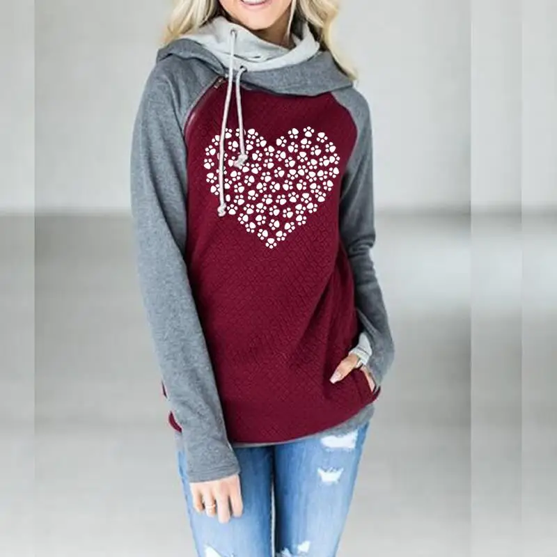 

2019 Dog Cat Paw Heart Double Hood Hoodies Sweatshirt Women Autumn Side Zipper Hooded Casual Patchwork Hoodies Pullover Femme