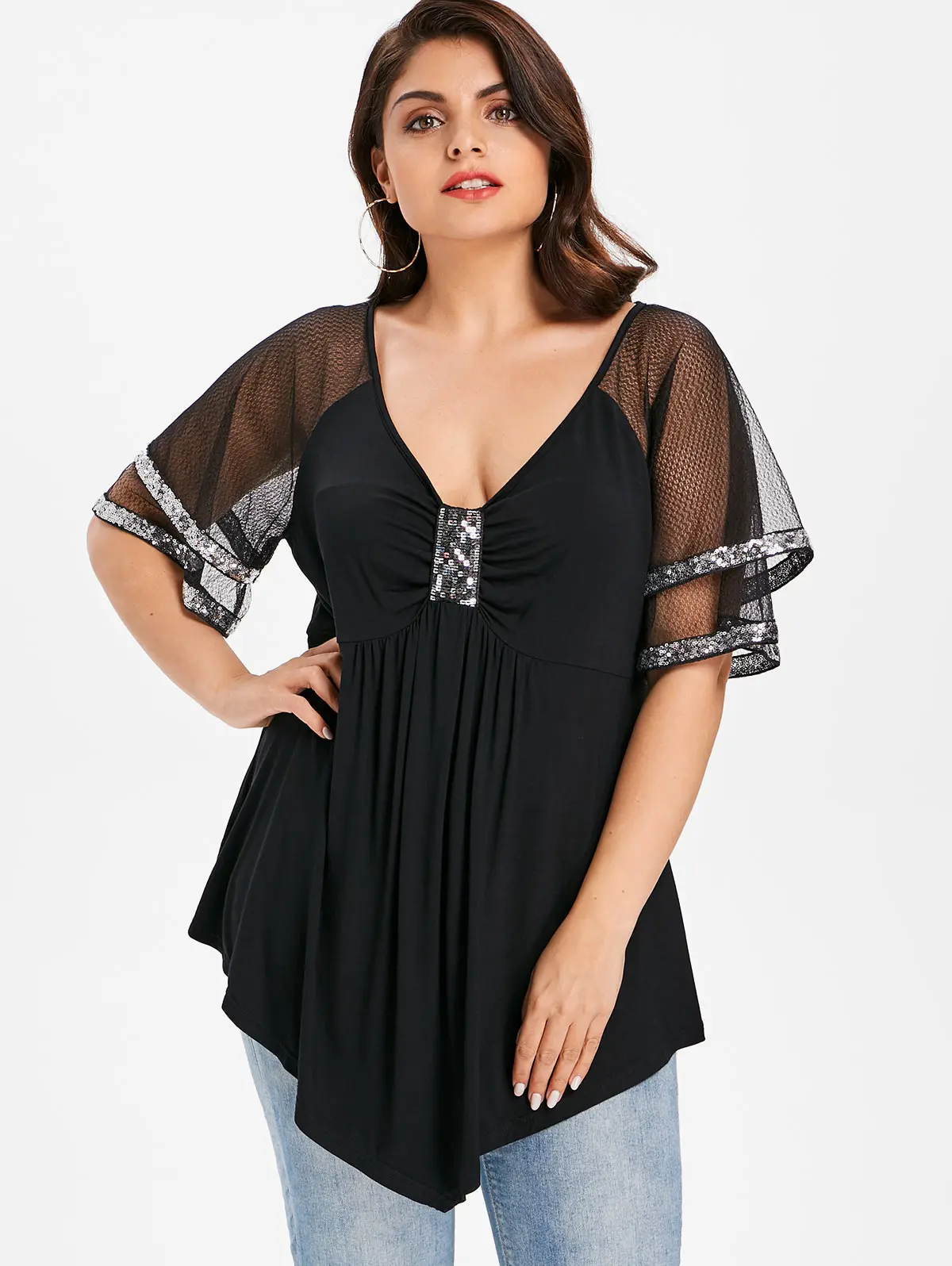 ROSEGAL размера плюс блестящая сетчатая Наплечная Блестящая футболка женская 2019 v