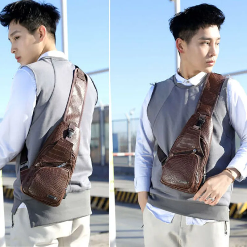 Мужская нагрудная сумка из крокодиловой кожи с USB-зарядкой |