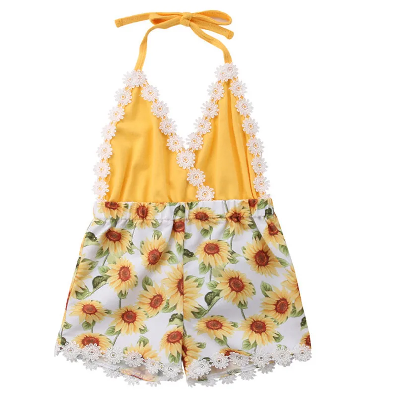

Hot Sales Newborn Baby Girls Clothes Sunflower Print Romper Jumpsuit V-neck Halter Backless Lace-up Rompers Playsuit Outfit 0-5T