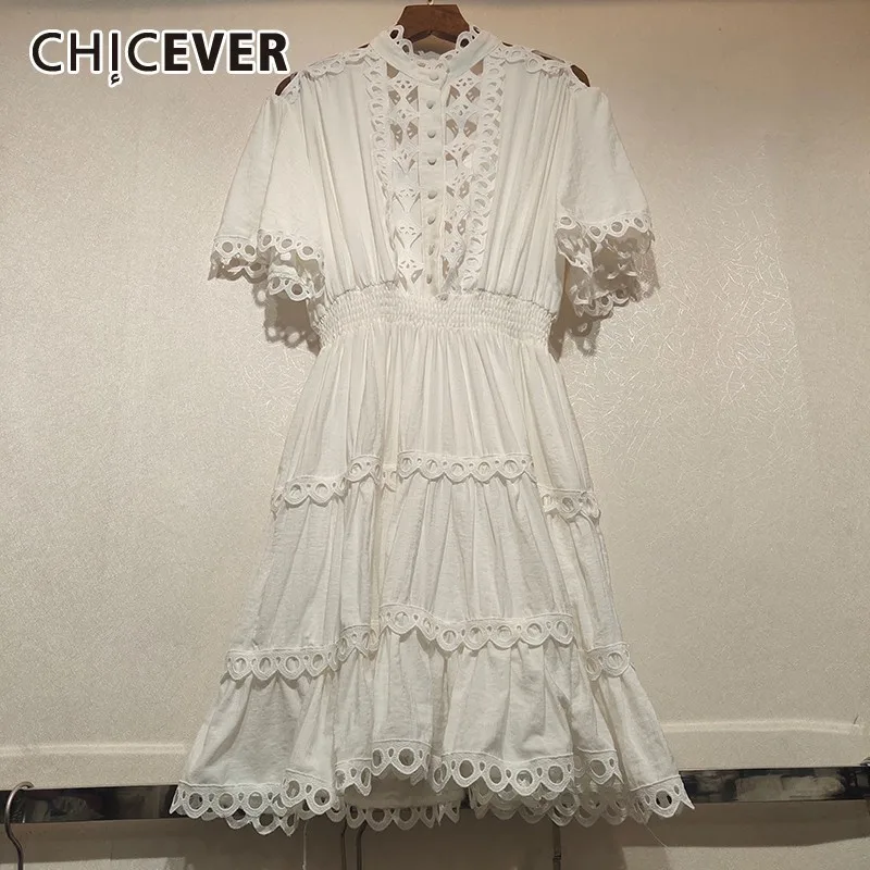 CHICEVER летнее кружевное открытое лоскутное женское платье со стоячим коротким