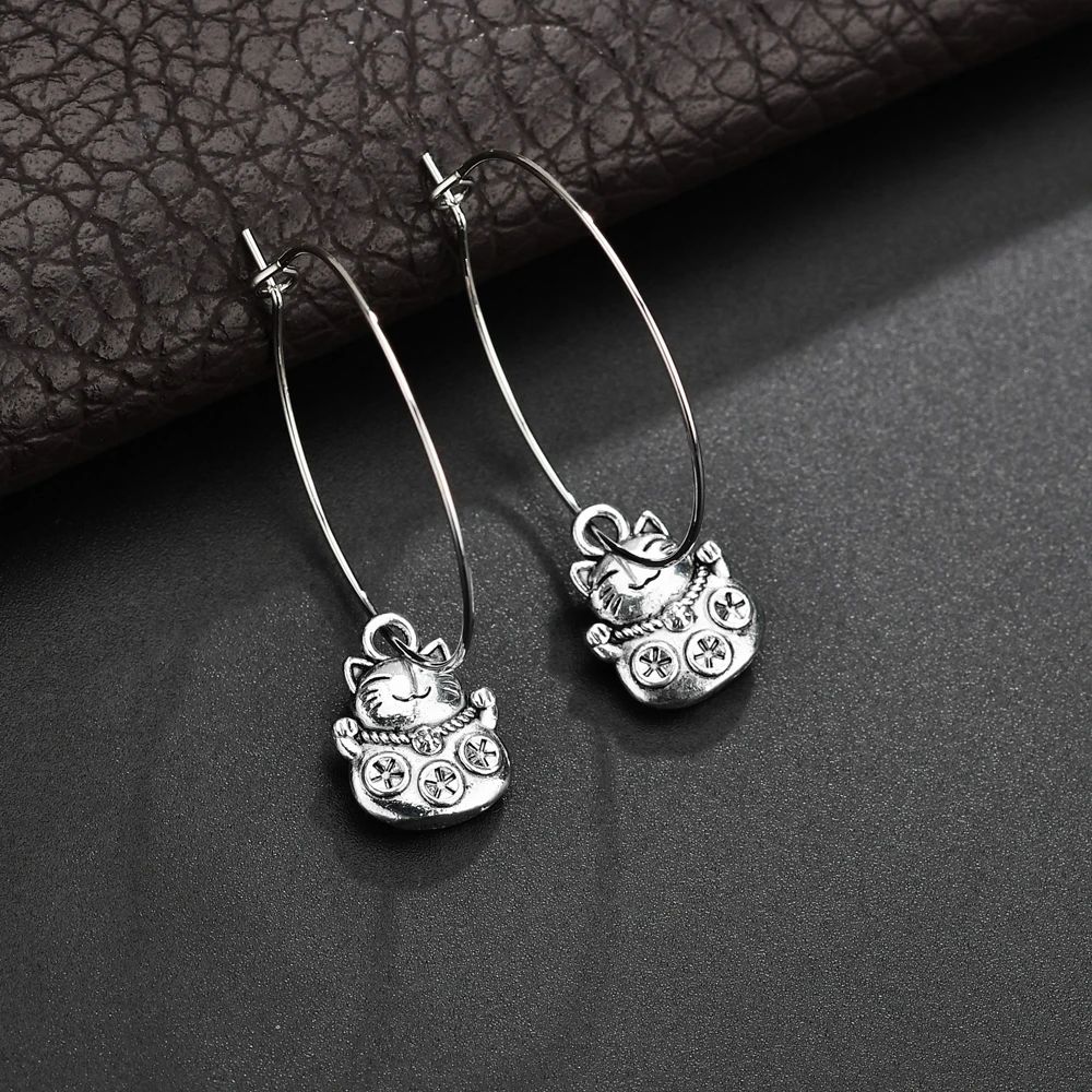 Серьги Котенок с цветочным рисунком и смайликом из мультфильма большие длинные