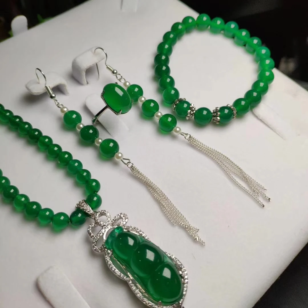 

Koraba 4pcs 925 Sterling Silver Natural Green pod Jade Gemstone Beads Pendant Necklace Bracelet Earrings Women Jewelry Set