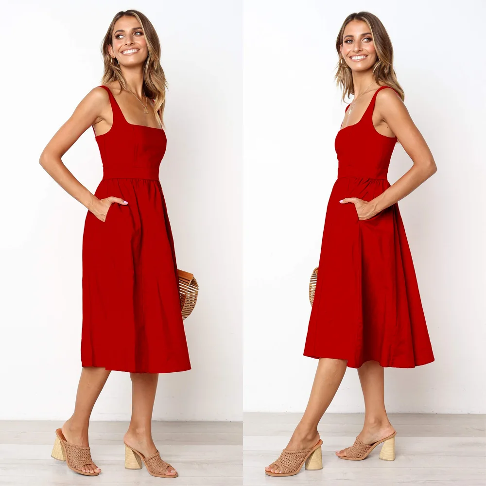 MOSHENGQI Solid Fit And Flare Dress Elegant Straps Sleeveless Plain A Line Dresses Women Pocket Summer | Женская одежда