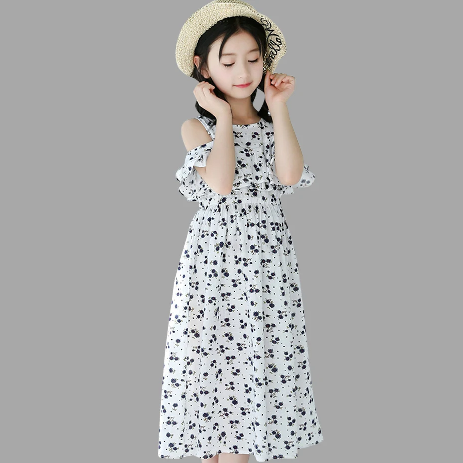 Kids Dresses For Girls Summer Beach Kid Dress Flowers Off Shoulder Cotton Long Costume Girl 4 6 8 10 12 13 Years | Детская одежда и