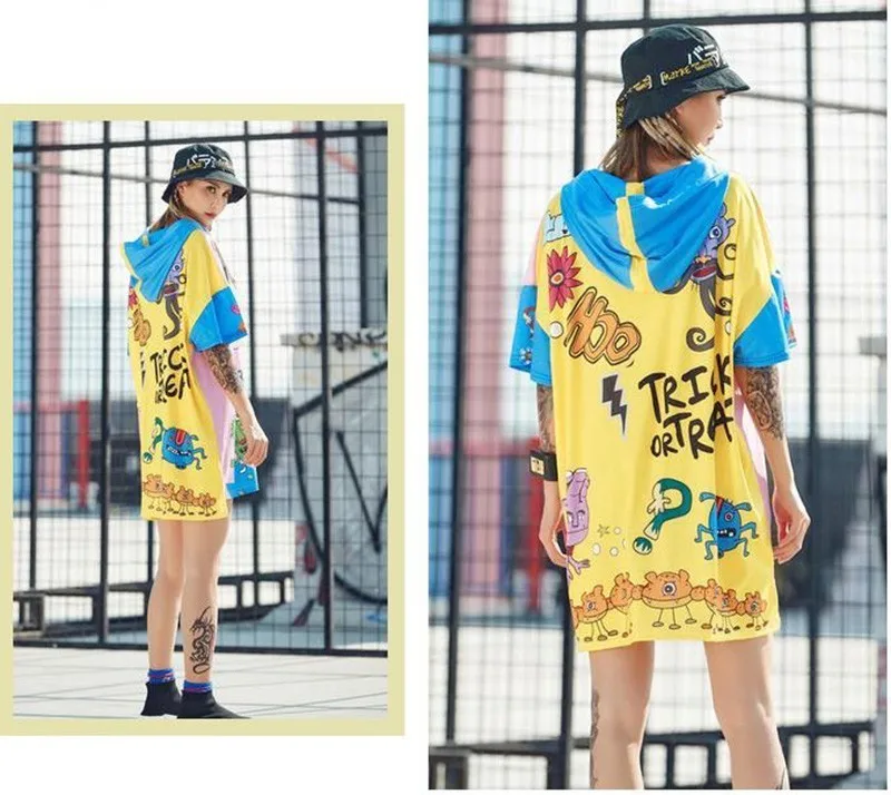 Vefadisa Graffiti Printing Hooded Dress Women Short Sleeve Drop-Shoulder T-Shirt Irregular Mini Split Tops ZLD785 | Женская одежда