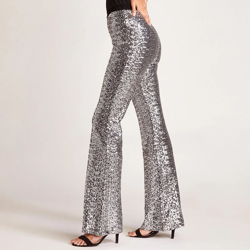 Womens Sequined High Waist Pants Party Bell Bottoms Casual Long Shining Trousers | Женская одежда