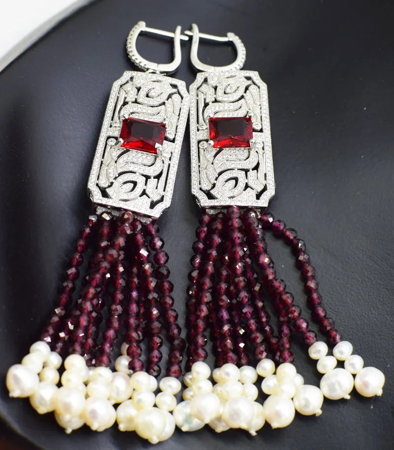 freshwater pearl white and red garnet 3mm round faceted earrings + zircon hook FPPJ wholesale beads nature | Украшения и