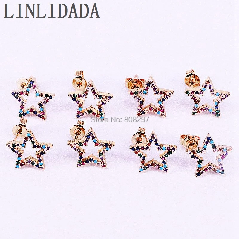 

Fashion 10Pair Colorful CZ Zirconia Micro Pave Hollow star Gold color stud earrings for girl women