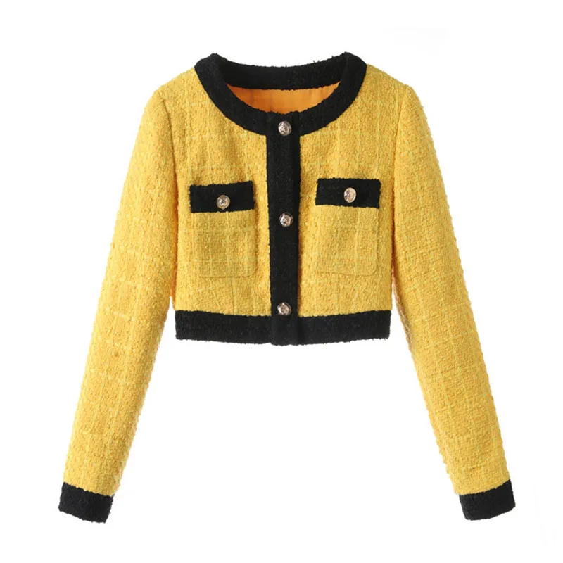 2019 Весна Сладкий желтый однобортный укороченный пиджак пальто твид комплект для