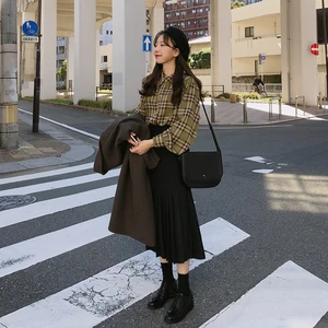 Клетчатая Женская юбка, Толстая черная новая осенне-Весенняя новая Юбка До Колена, Женская винтажная замшевая юбка, Jupe Femme Faldas Mujer