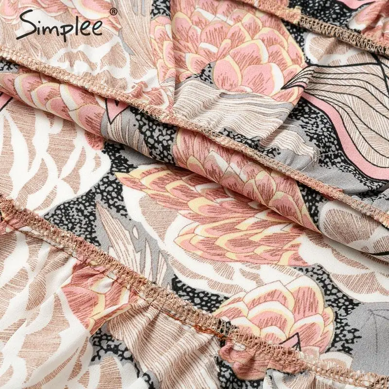 Simplee Elegant floral print women short shirt dress V neck long sleeve ruffle satin vestidos Spring casual plus size sundress | Женская