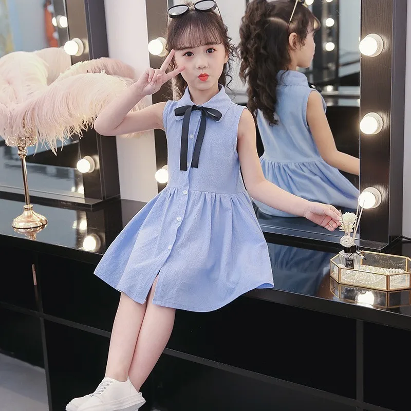 Bow School Children Dresses Kids Baby Shirts Summer Dress Girl Button Pink Blue Girls Teenagers Clothing Turn Down Collar 2019 | Детская