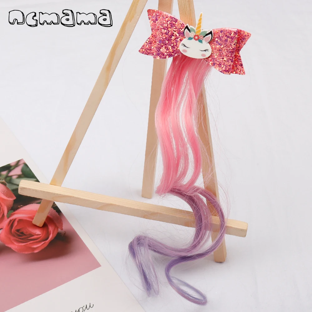 ncmama Hair Accessories Bows for Girls 3&quot Cartoon Unicorn Party Glitter Clips with Long Wig Hairgrips Kids Headdress | Детская