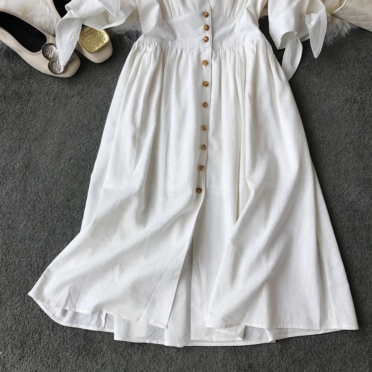 

2019 new fashion women's dresses Vintage half sleeve length summer dress white linen V-neck holiday