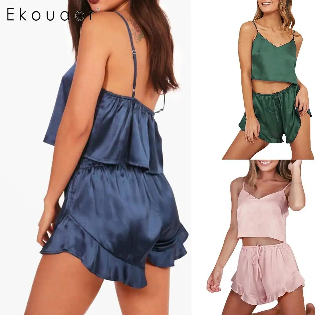 Ekouaer летние шорты пижамы наборы женские атласные Cami Топ Спагетти ремень