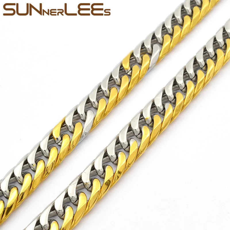 

SUNNERLEES Jewelry Stainless Steel Necklace 11mm Double Curb Cuban Link Chain Silver Color Gold Plated Men Women Gift SC909 N