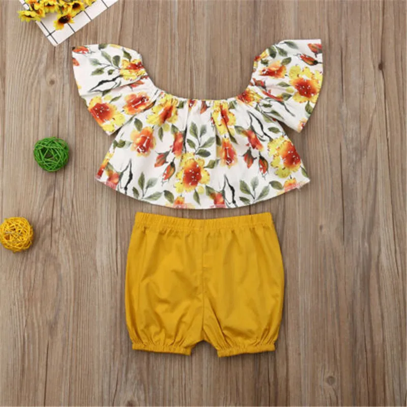0-36M Baby Girls Clothes Set Off Shoulder Rompers Floral Print Sleeveless Shirts For Yellow Pants Child Newborn | Детская одежда и