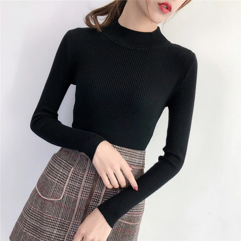 

Turtleneck Women Pullover Korean Long Sleeve Knitting Tops Jumper Clothes Elegant Sexy Solid Color Sweaters Female Autumn Winter
