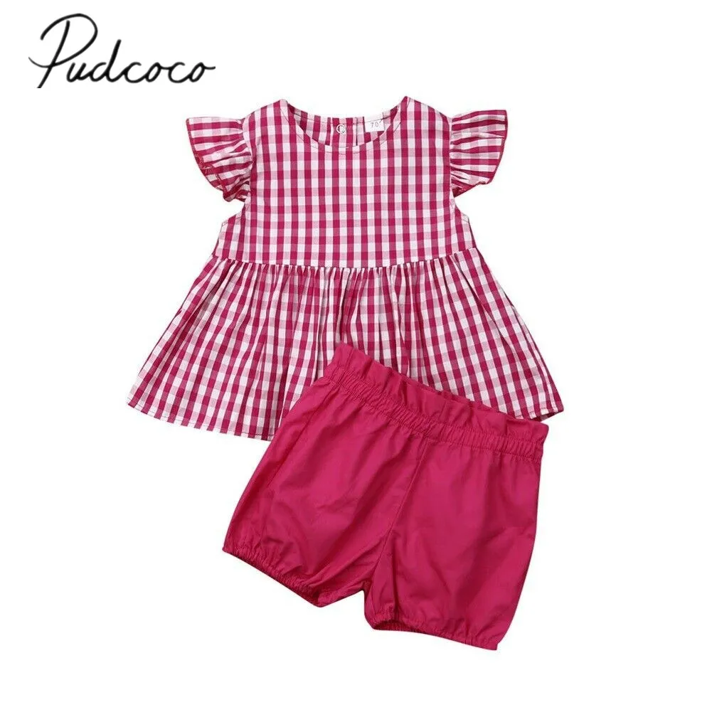 Летняя одежда для малышей комплект одежды маленьких девочек клетчатое платье