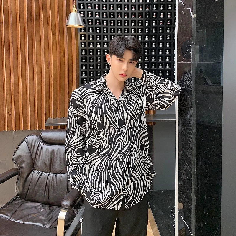 Модная рубашка с длинными рукавами и принтом зебры для мужчин Camisa Masculina вечеринки