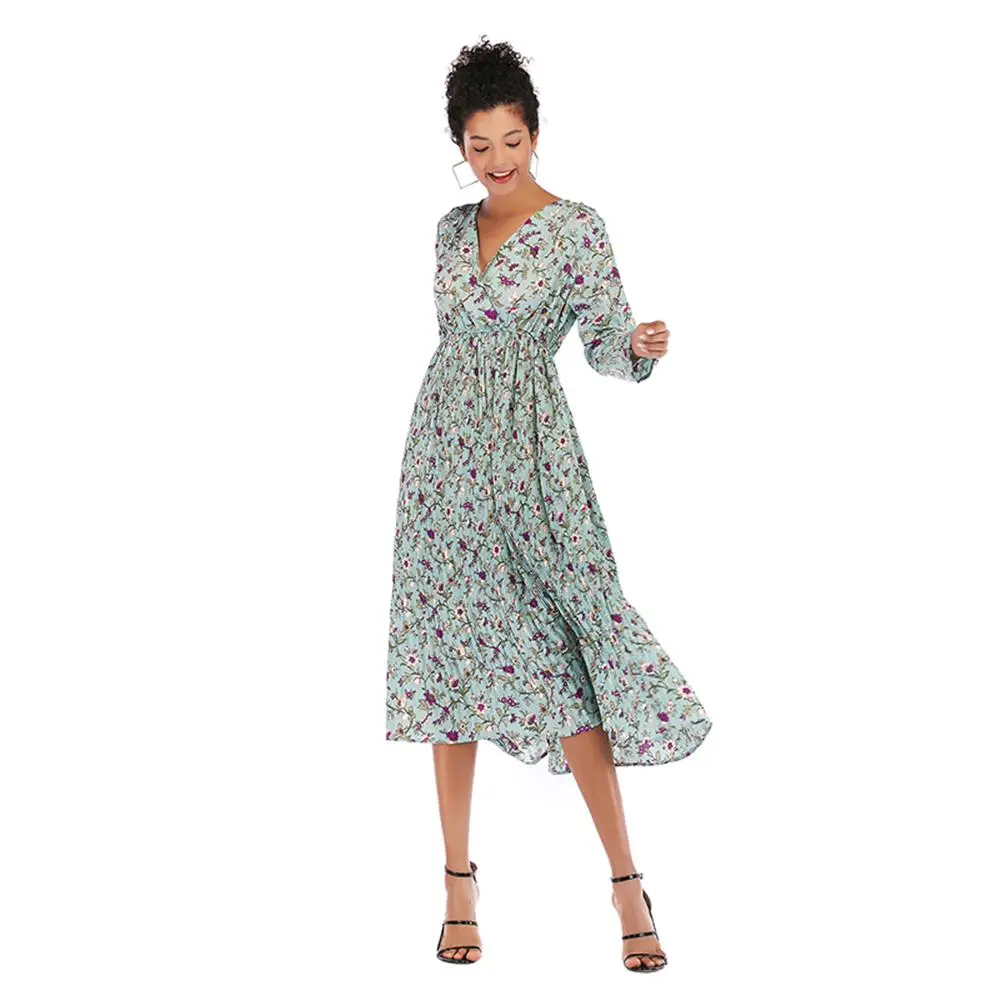 Women Bohemian Long Bud Dress V-neck Women's Printed small floral pleated chiffon dress waist long-sleeved bottom female | Женская