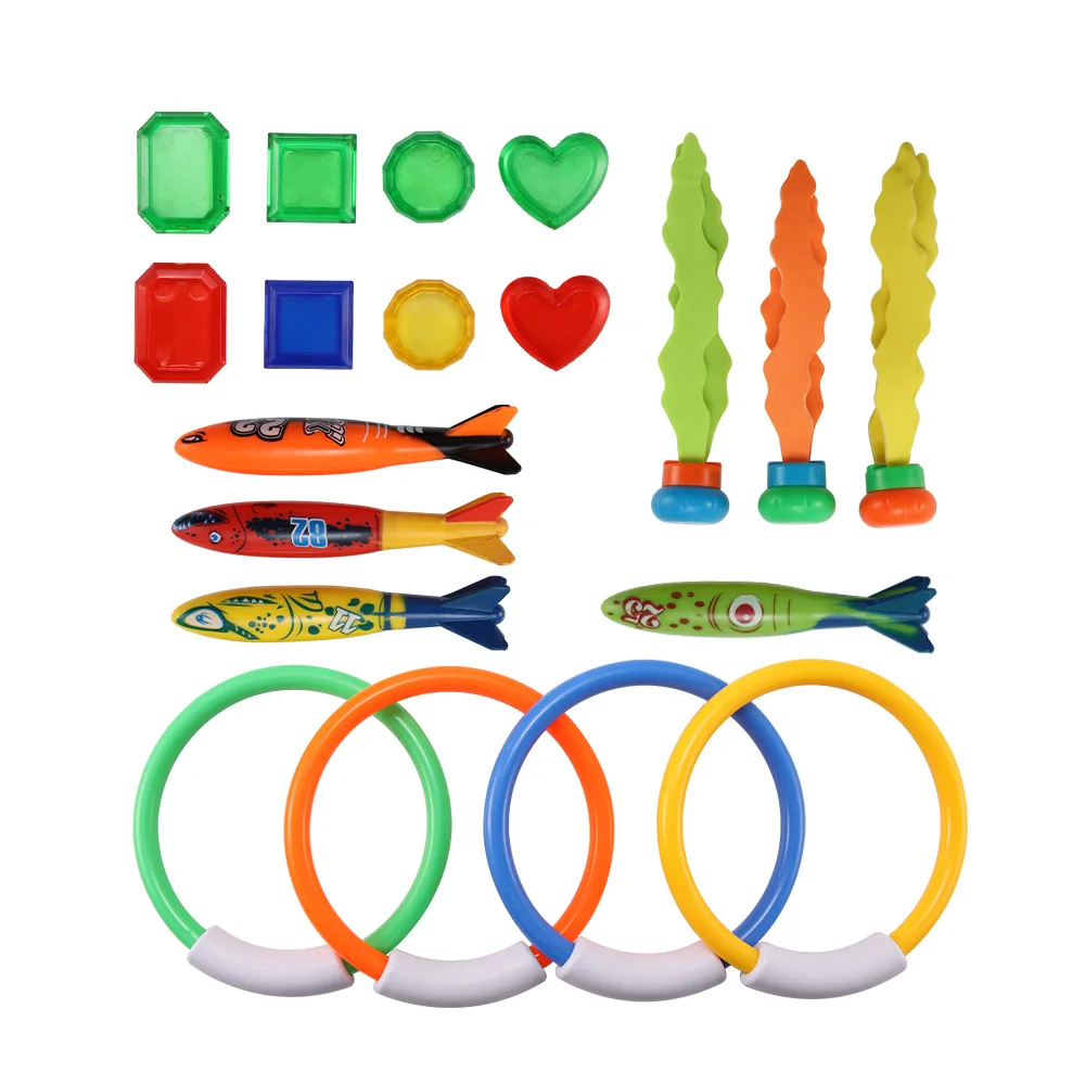 

19pcs Diving Game Toys Set Underwater Swimming Colorful Toy Diving Rings Torpedo Treasures Dive Training Gift for Kids Summer